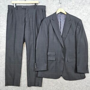 Statement Italy‎ Black Geometric Windowpane 2-Pc Super 200s Wool 44L 39x30 FLAW